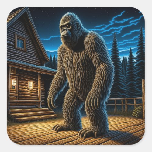 Sasquatch in front of Log Cabin in the Woods Square Sticker