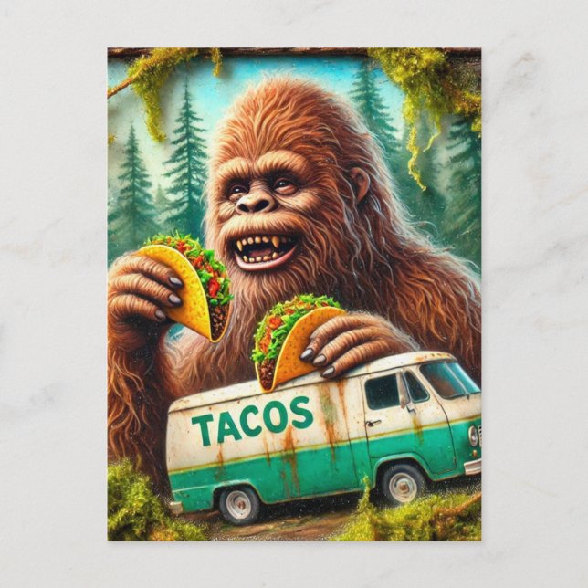 Sasquatch in mossy forest with tacos postcard (Front)