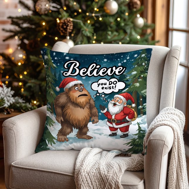 Sasquatch Meets Santa Funny I Believe Christmas Throw Pillow (Creator Uploaded)