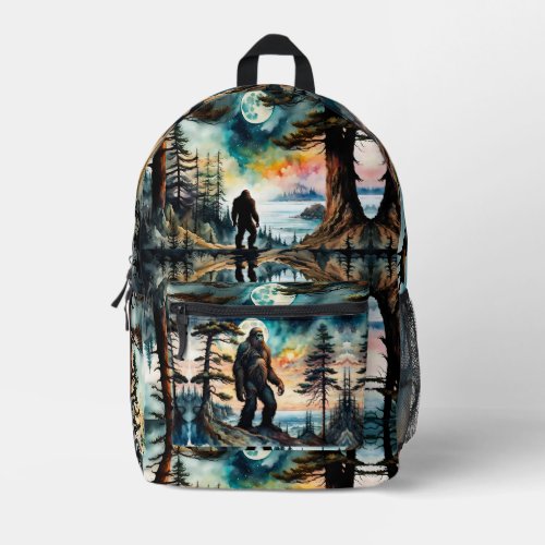 Sasquatch on a Forest Ridge Above Ocean Printed Backpack