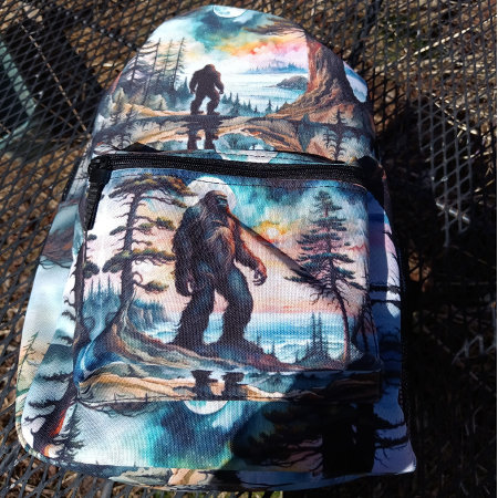 Sasquatch On A Forest Ridge Above Ocean Printed Backpack