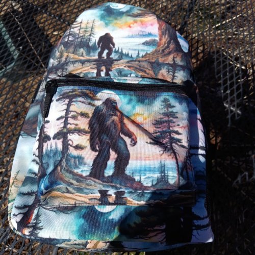 Sasquatch on a Forest Ridge Above Ocean Printed Backpack