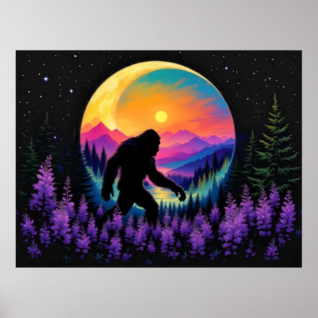 Sasquatch Rainbow Mountain Moon Wall Clock Poster (Front)