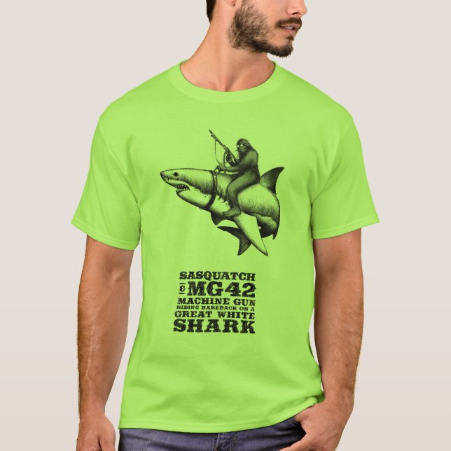 Sasquatch Riding a Great White Shark T-Shirt (Front)