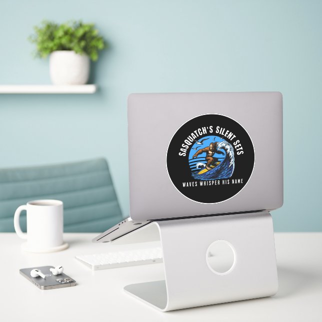 Sasquatch’s Silent Sets Surfing Bigfoot Black Sticker (Laptop On Desk)