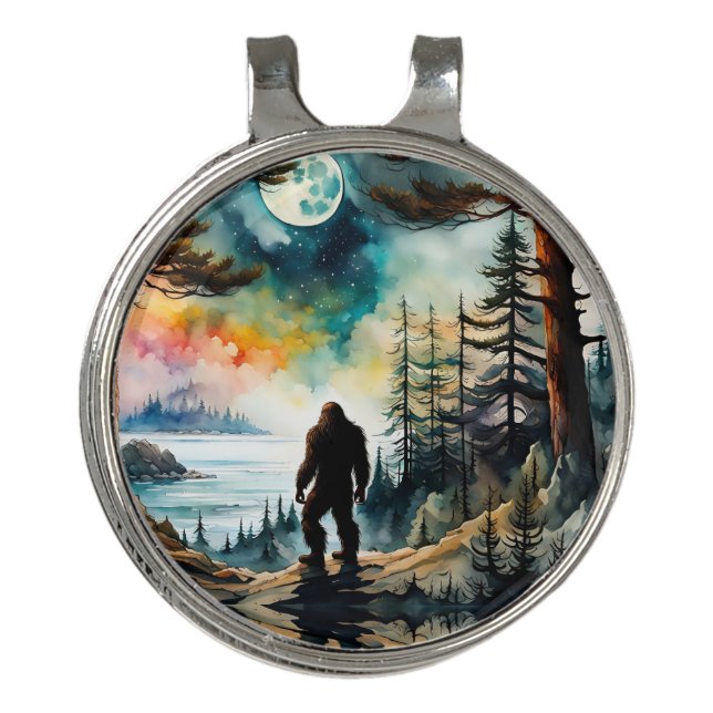 Sasquatch Standing on Ridge overlooking the Ocean Golf Hat Clip (Front)