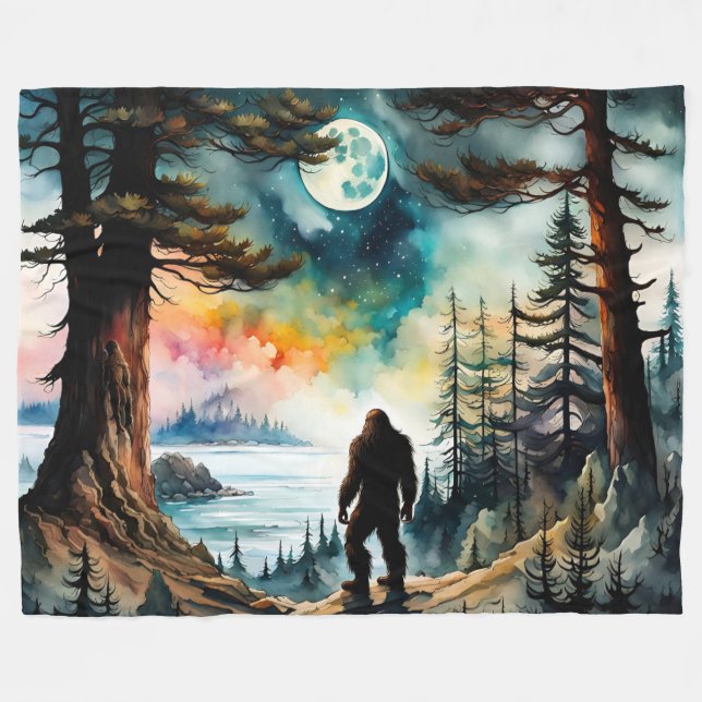 Sasquatch Standing under the Moonlight Fleece Blanket (Front (Horizontal))