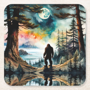 Sasquatch Standing under the Moonlight Square Paper Coaster