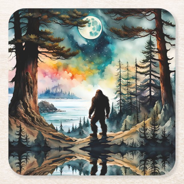 Sasquatch Standing under the Moonlight Square Paper Coaster (Front)