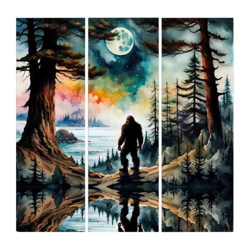 Sasquatch Standing under the Moonlight Triptych