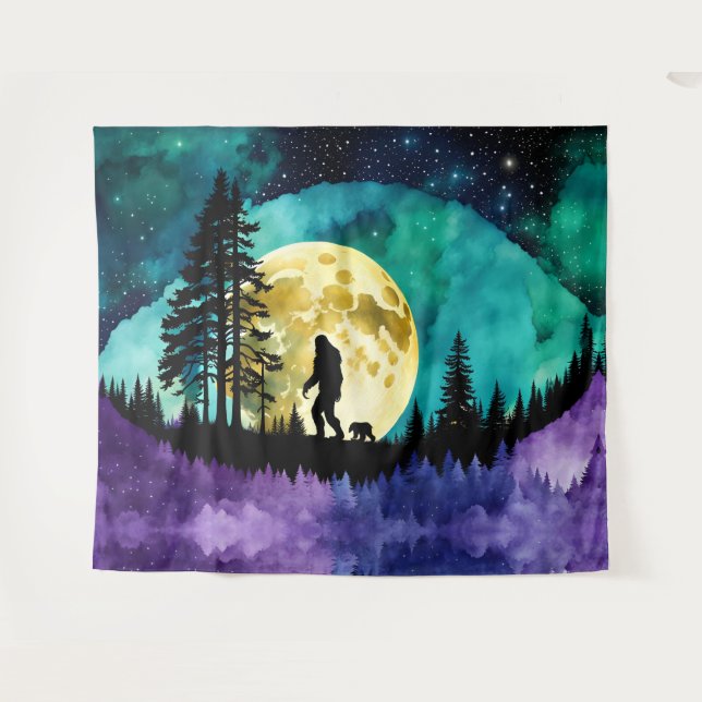 Sasquatch walking with pet Bear cub Tapestry (Front (Horizontal))