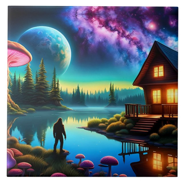 Sasquatch Watching nebulas on a distant planet Ceramic Tile (Front)