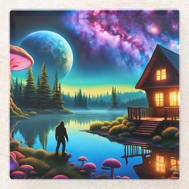Sasquatch Watching nebulas on a distant planet Glass Coaster (Front)