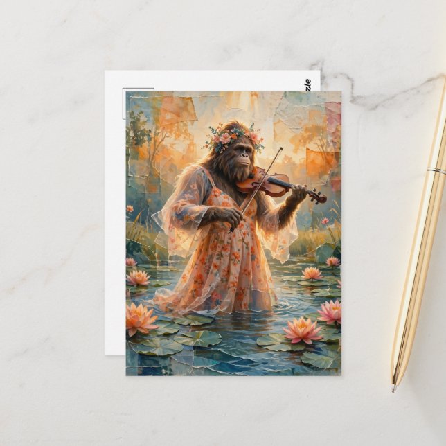 Sasquatch with a violin in the lily pond postcard (Front/Back In Situ)