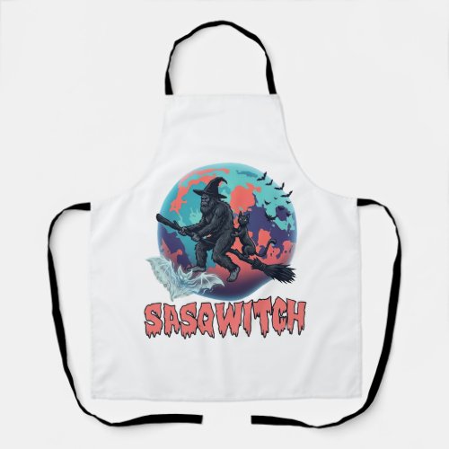 Sasqwitch Bigfoot Witch Broom Black Cat Moon Hallo Apron