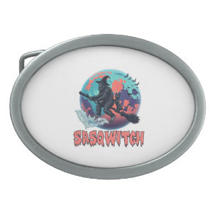Sasqwitch Bigfoot Witch Broom Black Cat Moon Hallo Belt Buckle