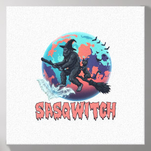 Sasqwitch Bigfoot Witch Broom Black Cat Moon Hallo Canvas Photo Tile