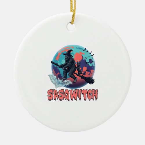 Sasqwitch Bigfoot Witch Broom Black Cat Moon Hallo Ceramic Ornament