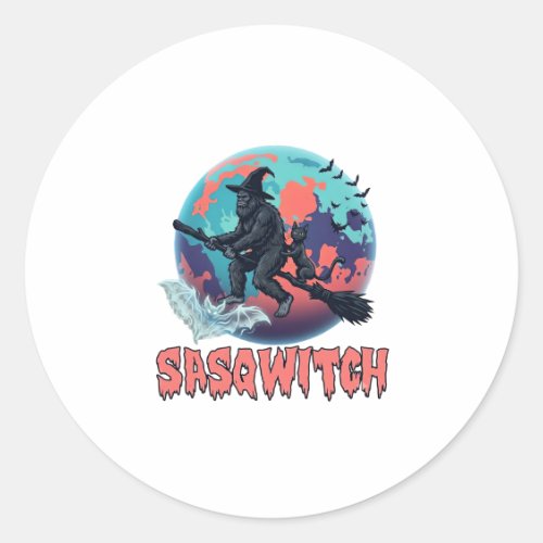 Sasqwitch Bigfoot Witch Broom Black Cat Moon Hallo Classic Round Sticker
