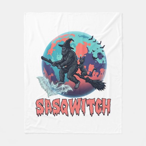 Sasqwitch Bigfoot Witch Broom Black Cat Moon Hallo Fleece Blanket