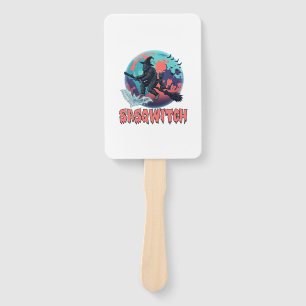 Sasqwitch Bigfoot Witch Broom Black Cat Moon Hallo Hand Fan