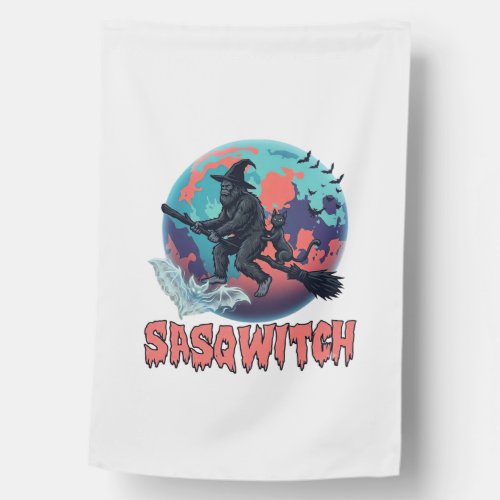 Sasqwitch Bigfoot Witch Broom Black Cat Moon Hallo House Flag