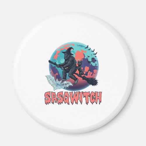 Sasqwitch Bigfoot Witch Broom Black Cat Moon Hallo Magnet