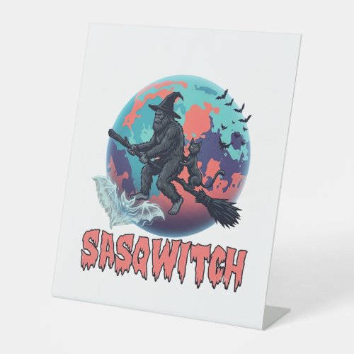 Sasqwitch Bigfoot Witch Broom Black Cat Moon Hallo Pedestal Sign