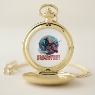 Sasqwitch Bigfoot Witch Broom Black Cat Moon Hallo Pocket Watch