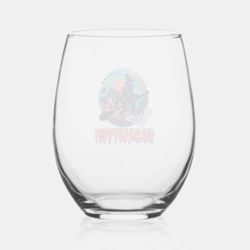 Sasqwitch Bigfoot Witch Broom Black Cat Moon Hallo Stemless Wine Glass