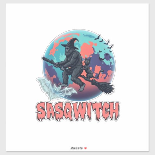 Sasqwitch Bigfoot Witch Broom Black Cat Moon Hallo Sticker