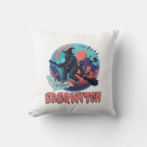 Sasqwitch Bigfoot Witch Broom Black Cat Moon Hallo Throw Pillow