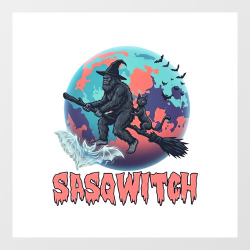 Sasqwitch Bigfoot Witch Broom Black Cat Moon Hallo Window Cling