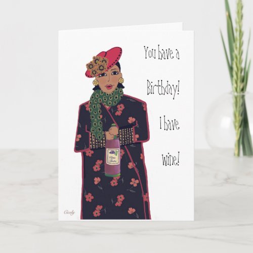 Sassy African American lady wine themed Birthday C Card