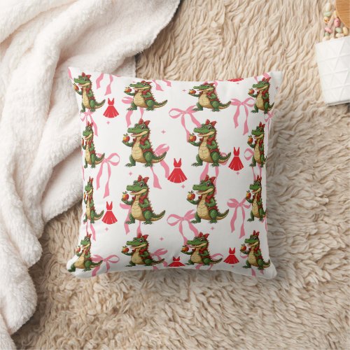 Sassy Alligator with ribbons apples and dress  Throw Pillow