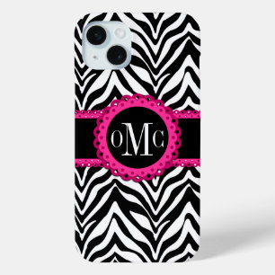 Sassy and Chic Zebra Print Pink Lace Monogram iPhone 15 Plus Case