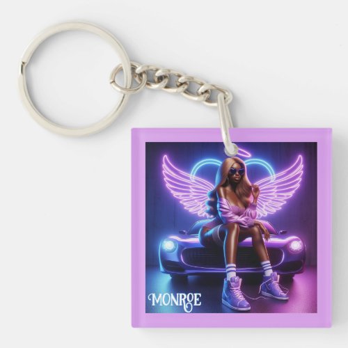 Sassy Angelic Black Woman Neon PurpleBlue Keychain
