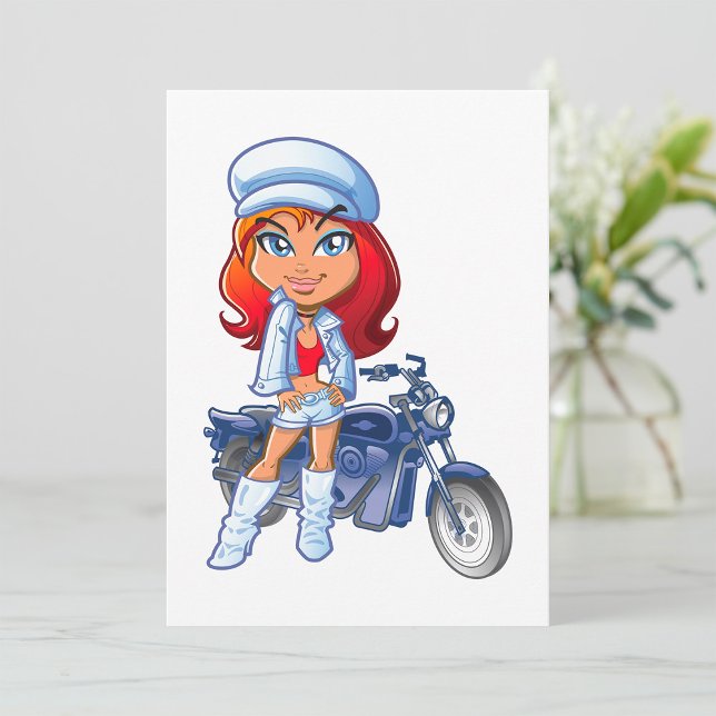 Sassy Biker Girl with Red Hair and Motorcycle  Invitation (Creator Uploaded)