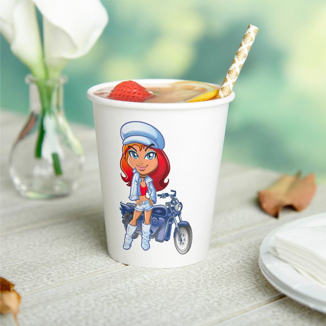 Sassy Biker Girl with Red Hair and Motorcycle  Paper Cups (Creator Uploaded)