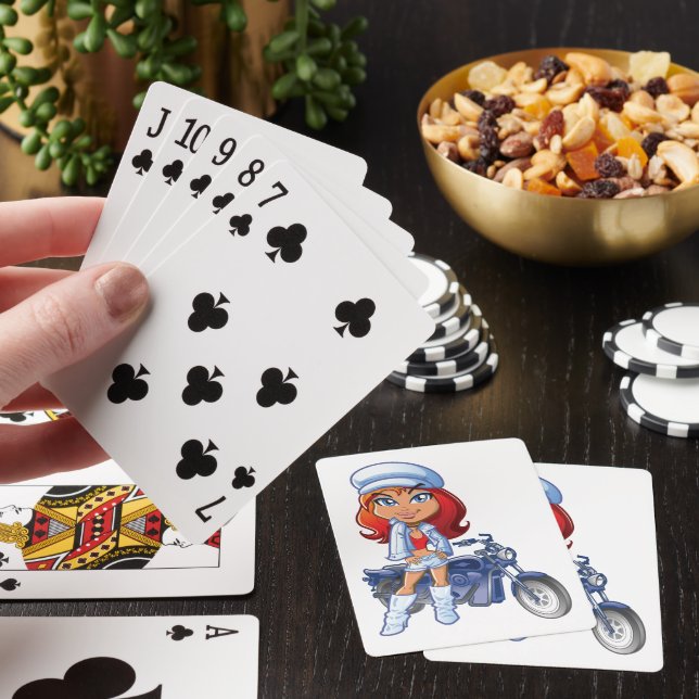 Sassy Biker Girl with Red Hair and Motorcycle  Poker Cards (In Situ)