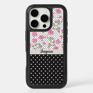 Sassy Black And White Polka Dots & Pink Roses iPhone 16 Pro Case