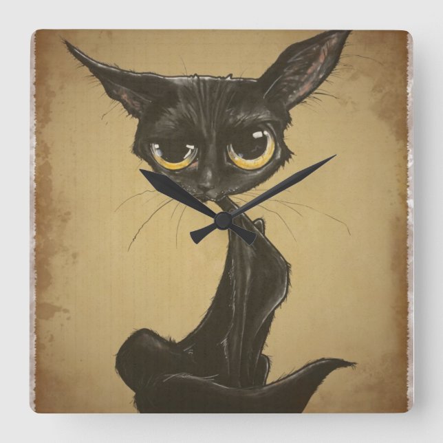 Sassy Black Cat Caricature Square Wall Clock (Front)