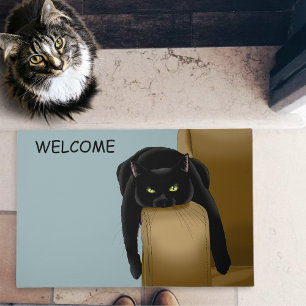 Sassy Black Cat Funny Tired Humor Blue Doormat