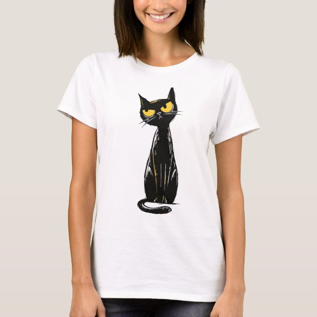 Sassy Black Cat - Grumpy Yellow Eyes Illustration T-Shirt (Front)
