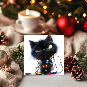Sassy Black Cat Wrapped in Festive Lights Holiday Card
