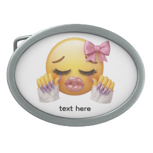 Sassy Blushing Emoji with Pink Bow & Long Nails Belt Buckle