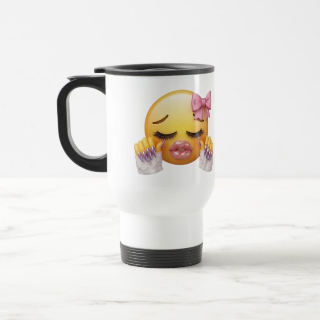Sassy Blushing Emoji with Pink Bow & Long Nails  Travel Mug (Left)