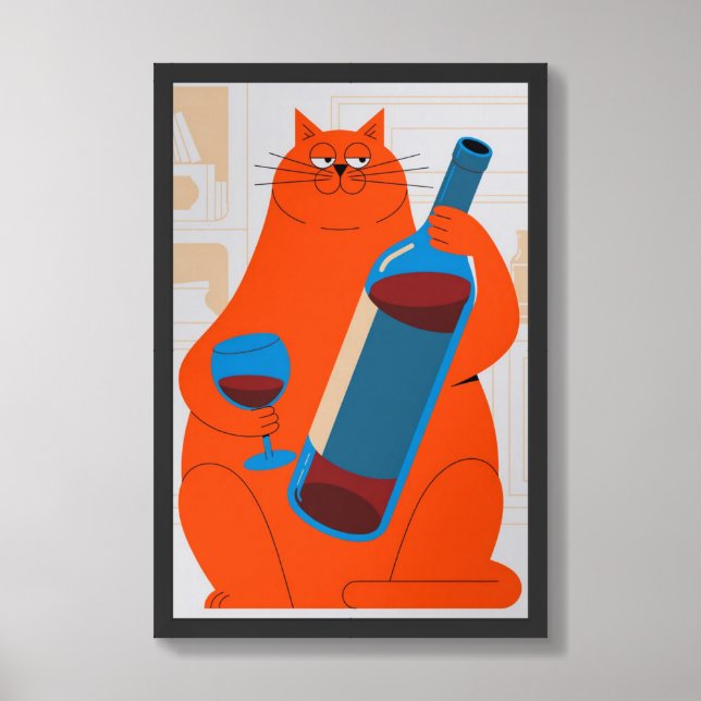 Sassy Cat with Wine Poster (Framed Front)