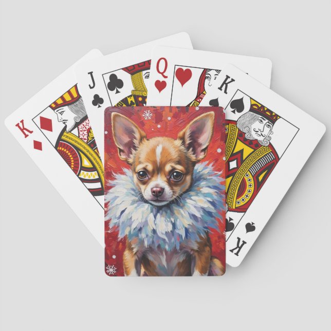 Sassy Chihuahua Dog in Fluffy Winter Fur Collar Poker Cards (Back)