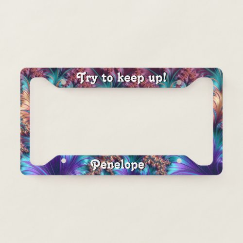 Sassy Colorful Feathery Fractal with Your Name License Plate Frame